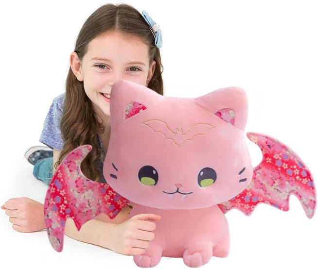 ELAINREN Juguete de peluche de gato loco con alas de murciélago, lindo gatito de peluche floral de gato, almohada suave para abrazar, decoración de