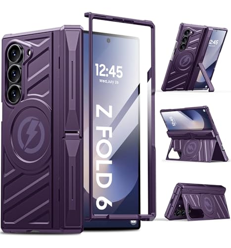 LEIAU Magnetic for Galaxy Z-Fold-6 Case: Heavy Duty Armor Phone Case [Compatible with MagSafe][Hinge Protection][Dual Kickstand] Shockproof TPU+PC Cover for zfold 6 5G 2024 Purple
