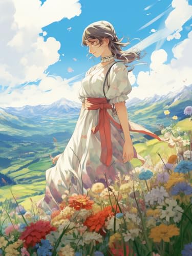 数字油絵 ペイントバイナンバー 40x50cm フレーム付き | 大人向け 子供 初心者 DIY 手作りキット アクリル絵の具とブラシ付き 絵画 手芸 趣味 インテリアに簡単アート、水彩画 数字塗り絵、花の中の少女