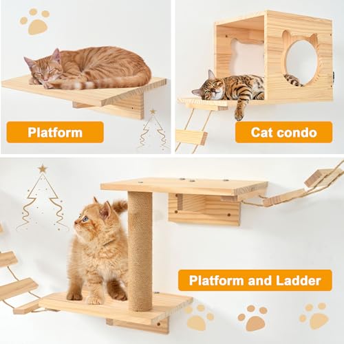 PETKABOO Cat Wall Furniture, Cat Wall Shelves, Wall Mounted Cat Shelves with Condo, Ladder, Platform and Scratching Post, Cat Wall Climber for Playing, Cat Climbing Wall, Cat Wall Steps - Thumbnail 6