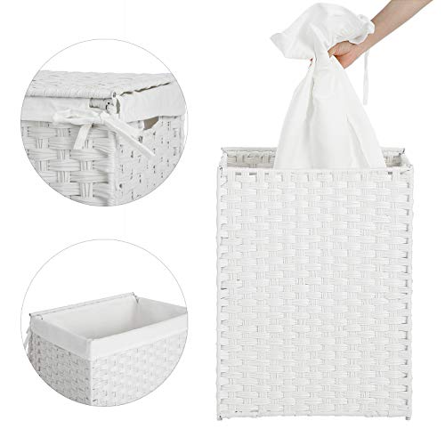 Songmics Handwoven Laundry Hamper, 23.8 Gal (90L) Synthetic Rattan Clothes Laundry Basket With Lid And Handles, Foldable, Removable Liner Bag, White Ulcb51Wt #TOP4