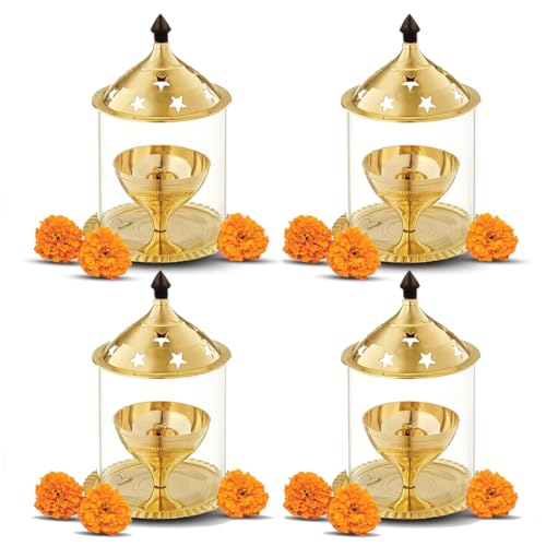 Image of ARCHIES Akhand Diya Brass Metal Diyas | Pooja Diya for House, Office, Mandir Small Pack of 4 (Standard Size, AKDMT03152)
