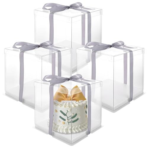 LDXDRU 4 cajas para tartas de cartón para tartas, caja de regalo transparente, 22 x 22 x 24 cm, caja de regalo transparente, alta con tapa, caja de transporte con cinta