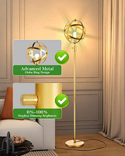 Bulbeats Industrial Floor Lamp, Dimmable Vintage Gold Floor Lamp For Living Room, Farmhouse Rustic Tall Lamp With 6W E26 Bulb Metal Shade, Unique Standing Lamp For Bedroom Home Decor #TOP4