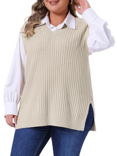 Agnes Orinda Plus Size Sweater Vest for Women V Neck Sleeveless Pullover Split Hem Knit Vest Classic Sweater Tops2