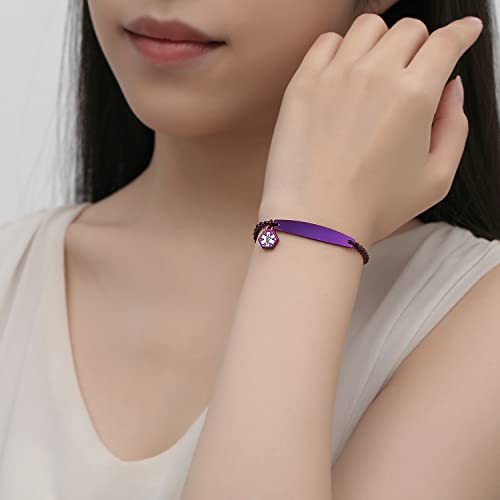 LinnaLove-Pre-engraved Simple Rolo chain Medical alert id bracelet for Women-pacemaker-Purple