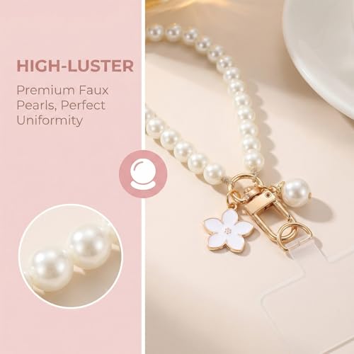 2 Pcs Handykette Perlen Kurz, Handykette Naturstein und Kunstperlen Kurz, Handy Kette Universal, Handyanhänger, Handschlaufe, Handyband, Schlüsselanhänger Perlen für Frau Mädchen, Rosa und Weiß