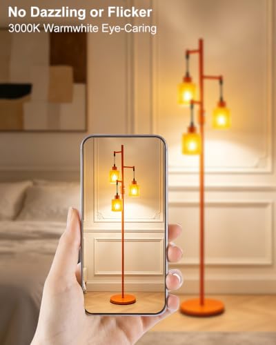 Image of Lightdot 67 inch 3-Light Glass Floor Lamp for Living Room, Dimmable with Orange Glass Shade & E12 Bulbs Included, Mid Century Standing Tall Lamp with 5Lbs Heavy Base for Bedroom /Sofa Beside /Corner