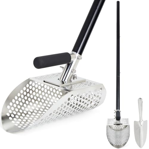 Sand Scoop for Metal Detecting Metal Detector Scoop with Long Fiberglass Handle Stainless Steel Sand Sifter for the Beach Sand Flea Rake Metal Detector Accessories Metal Detecting Shovel