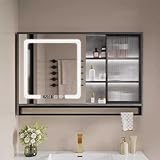 Espejo de maquillaje con luz LED de 40 pulgadas, espejo antivaho con control táctil, reloj digital montado en la pared, 2 puertas y toallero, diseño blanco moderno