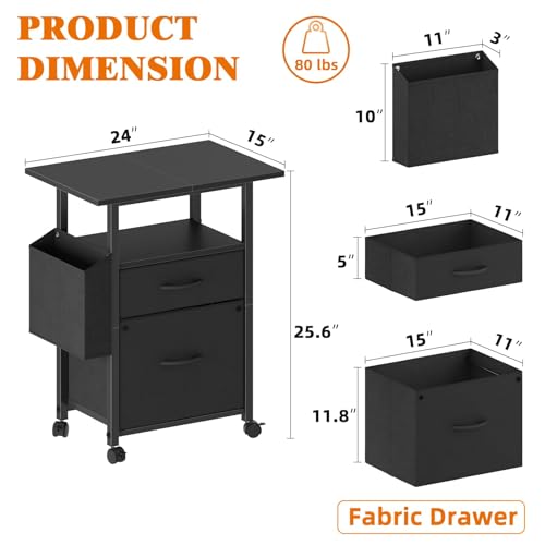 GYIIYUO 2 Drawer File Cabinet with 24'' Extended Desktop, Mobile Filing Cabinet, Rolling File Cabinet with Side Bag, Fabric Drawer, Fits A4 Size, Home Office, Black - Thumbnail 3