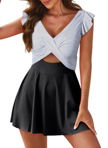 Image of Aleumdr Women's One Piece Swimsuit Ruffle Cutout Swimdress Tummy Control V Neck Wrap Swimwear