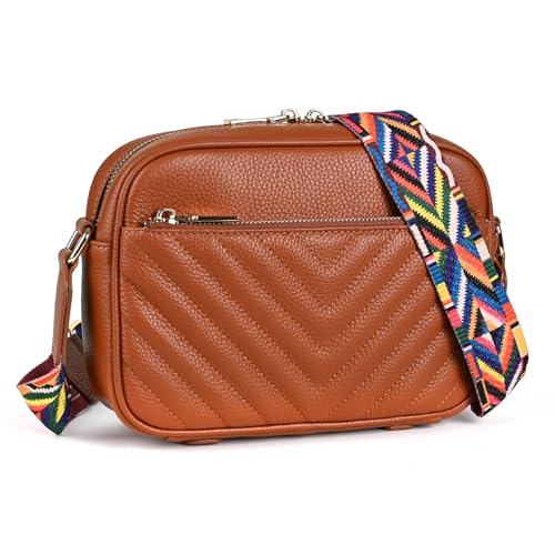 Della Stella Small Crossbody Bag Purse for Women Genuine Leather Shoulder Bag Trendy Quilted Handbags with Colored Strap