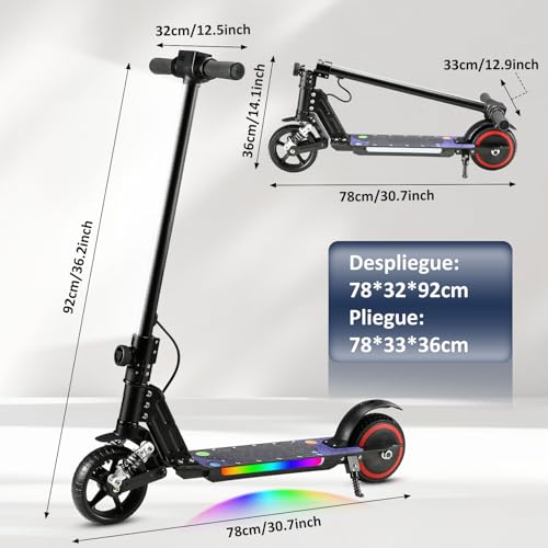 scoot4kids Patinete ElÃctrico para Ninos, Edades 6-12, Motor de 130W, Velocidad MÃxima de 14 km/h, Alcance de 8 km, Luces LED Coloridas, Diseño Plegable, Regalo para Niños y Adolescentes (Negro) - imagen 5