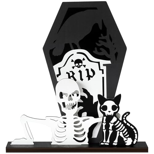 Halloween Decorations Indoor, Wooden Black Cat Skeletons Halloween...