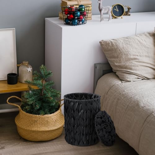 Image of Ctosree 1.3 Gallons Small Trash Can with Lid Handle Boho Woven Braided Bathroom Waste Basket Trash Can with 100 Garbage Bags for Bedroom Office Laundry(Braided Polypropylene, Black)