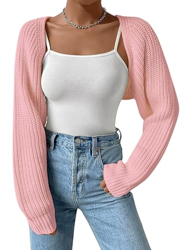 Image of Women's Cropped Cardigan Y2K Long Sleeve Open Front Chunky Knit Shrug Casual Solid Bolero Going Out Top Streetwear(Light Pink,S)