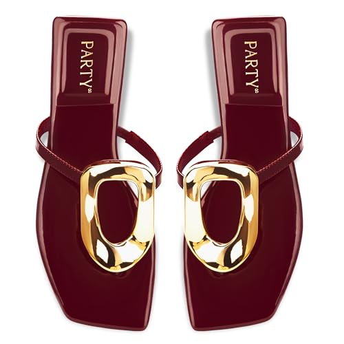 Image of PARTY Square Toe Flip Flops Women,Fashion Designer Thong Sandals with Gold Buckle Trendy Summer Comfort Flat Sandals