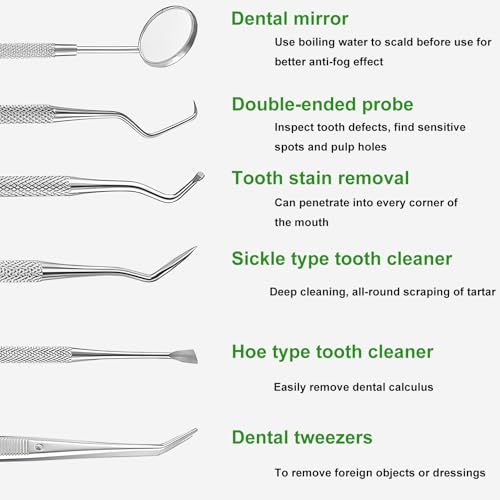 Image of Teeth Cleaner Tool Kit Stainless Steel Plaque Tartar Remover Set of 6 with Metal Case, Tweezers, Oral Mirror, Teeth Cleaner, Probe, Stain Remover