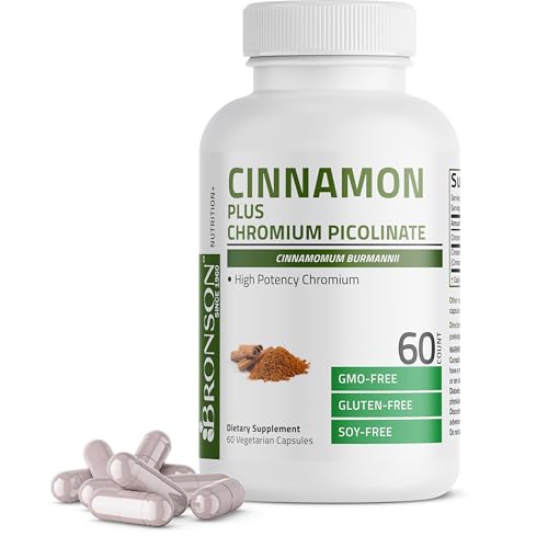 Bronson Cinnamon Plus Chromium Picolinate Supplement High Potency Chromium Non-GMO 60 Vegetarian Capsules