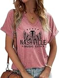 Vintage Rock Band T Shirt for Women Fashion Musical Tees Casual Sexy Notched V-Neck T Shirts Nashville Country Music Short Sleeve Tees(A-Pink,L)