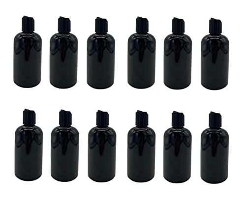 Natural Farms 8 oz Black Boston Plastic Bottles -12 Pack Empty Bottle Refillable - BPA Free - Essential Oils - Aromatherapy | Black Press Down Disc Cap - Made in the USA