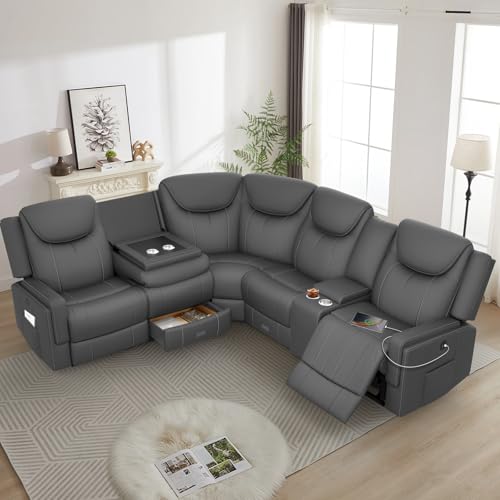 Dresegmt Home Theater Seating, Manual Recliner Sectional Sofa for Living Room, 5 Seater Reclining Sectional Couch with Flip-Up Backrest, Storage Console, USB Ports, L-Shaped Sofa PU Leather Gray