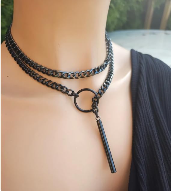 Black Stain Steel Lariat Y Necklaces Wrap Choker Necklace Punk Gothic Bar Pendant Cuban Link O Ring Long Black Necklaces Adjustable Slip Chain Necklace Halloween Jewelry Gift for women ﻿2