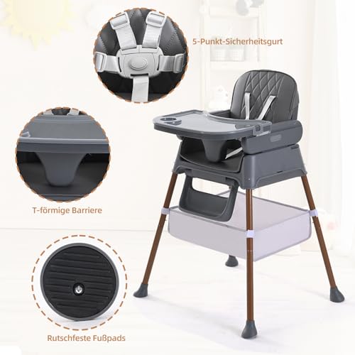 Hochstuhl Baby, Verstellbare Umwandelbare 3 in 1 Kinderhochstuhl, Tragbare Kompakte Baby Kleinkind Fütterung Stuhl Reise Hochstuhl Booster für Kleinkind, von 6 Monaten bis 3 Jahren (dunkelgrau)