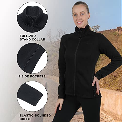 Town&Field Women's Sweater Fleece Jacket Long Sleeve Full Zip Sweatshirts Athletic/Casual Lightweight For Spring (Black,L) #TOP2