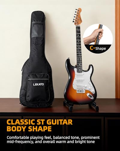 Image of LEKATO Beginner Electric Guitar Kit 39 Inch Full Size Solid Body Guitar SSS for Starter Roasted Maple Neck Stainless Steel Frets, 5w Plug-in Amp, Bag, Tuner, Capo, Strap, Picks, String, Cable-Sunburst