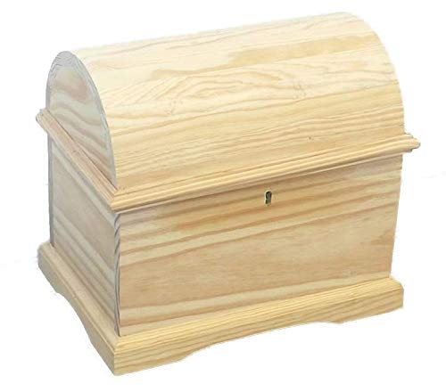 GRECA Arca Madera Curva. Pequeña. En Pino Macizo Crudo. Se Puede Pintar. Medidas (Ancho/Fondo/Alto): 31 * 22 * 24 cms. con Cerradura y Llave. Incluye Cadena de sujección de Tapa.