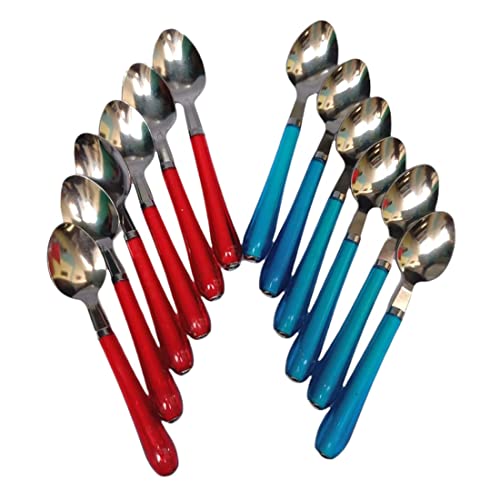 Dining Table Spoon 12-Pieces Set for Kitchen and Dining Table Steel with Shiny Red and Blue Plastic Handle Spoon Set for Home and Kitchen (Set of 12) Steel Table Spoon Set