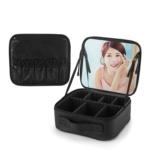 LEAFEEL-「Viaggio」メイクボックス 鏡付き 化粧ポーチ 大容量 化粧品収納 コスメボックス 旅行用 コスメポーチ スキンケア 収納メイクブラシ&スキンケア収納ケース 調節可能仕切り付き プロ用メイクポーチ (標準版 ブラック)