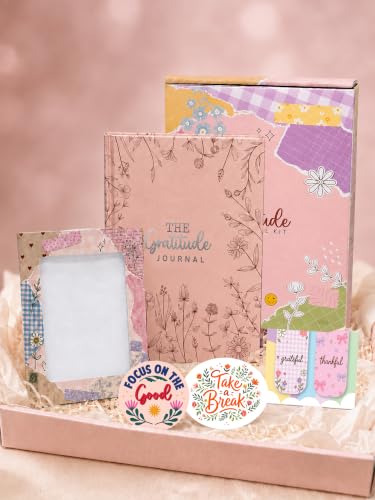 Image of DOODLE My Gratitude Journal Kit | A5 Hardcover Gratitude Journal | 132 Guided Pages for Daily Gratitude, Mindfulness & Self-Care | Wellness Journal with Premium Gift Box, Photo Frame, Magnetic Bookmarks & Inspirational Stickers (Blooming Grace)