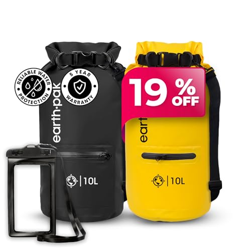 Bolsa Seca Impermeable Earth Pak con Bolsillo con Cremallera - Mochila Bolsa Seca Impermeable Mantiene el Equipo Seco (10L Negro y 10L Amarillo)