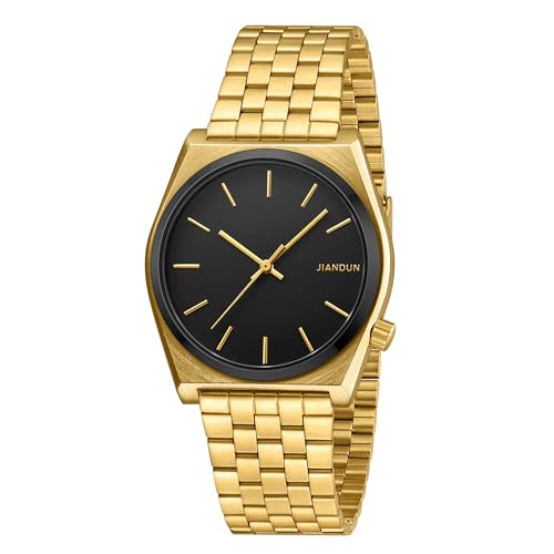 JIANDUN Fashion Business Mens Black Watches Simple Waterproof Stainless Steel Strap (Gold-Black dial)