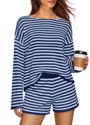 SENSERISE Womens Striped Lounge Set 2 Piece Sweater Shorts Sets Fall Pajama