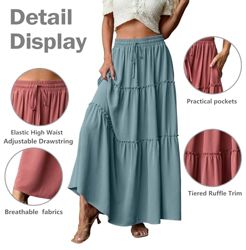 Image of Lepunuo Womens Casual Boho High Waisted Flowy Maxi Skirts Tiered Floral Long Skirts with Pockets for Summer Beach Vacation