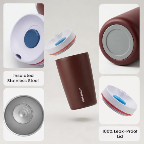 Image of Frenchware AeroMug Insulated Stainless Steel Coffee Tumbler, 450 ml | Smooth Sip Slider, Reusable, Hot & Cold Coffee Travel Mug, Dark Merlot