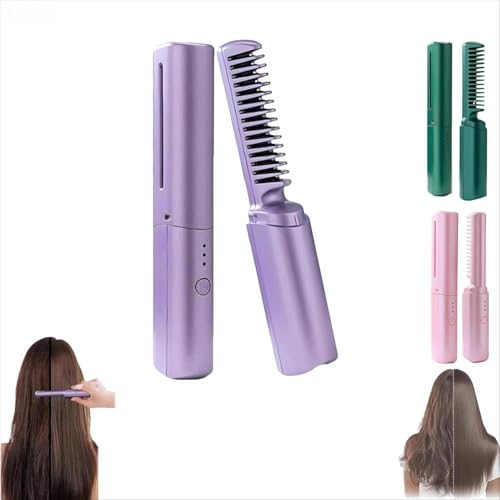 Pettine Per Capelli In Ceramica Di Cedro E Frassino,Riduce L'Effetto Crespo,Per Capelli Lisci E Setosi,3 Temperature Regolabili,Mini Piastra Per Capelli Ricaricabile,Purple