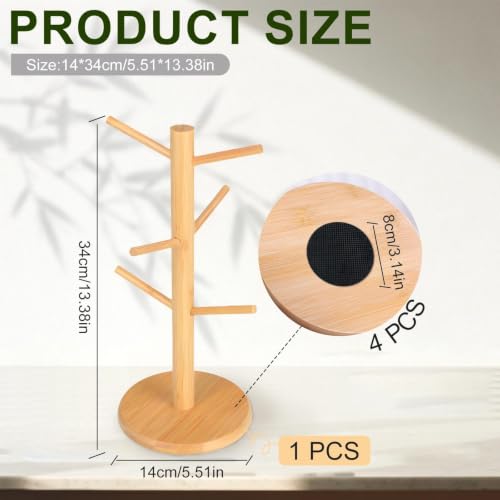JIUCHAOTONG Mug Tree 6 Mugs,Mug Holder, Wooden Mug Rack Tree,with 4 Round Non-Slip Pads, Multifunctional Coffee Cup Stand for Countertop Drinkware Organization (Yellow) - Image 3