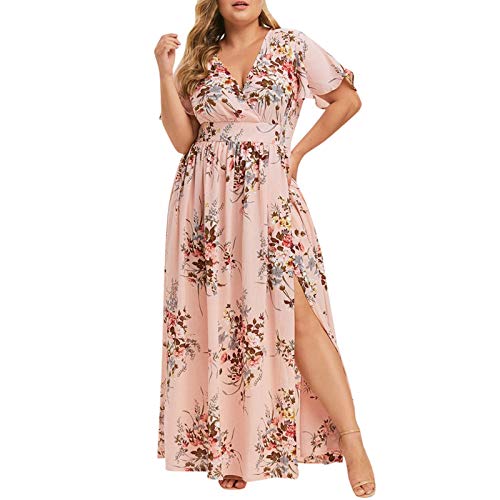 Ansenesna Kleid Große Größen Damen Sommer Blumen Lang Elegant Sommerkleid Für Mollige Frauen V Ausschnitt Kurzarm Kleider Leichte Sommerkleider