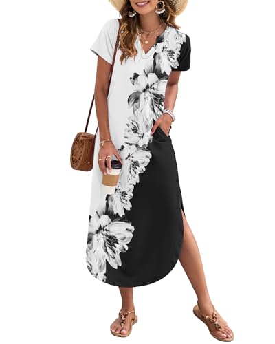 Image of MISFAY Women's Summer Maxi Dress 2026 Casual Short Sleeves V Neck Loose Sundress Split Long Beach T Shirt Dress