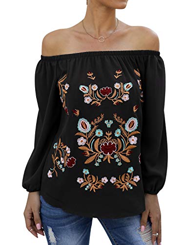 Zxzy Women Embroidered Off Shoulder Long Sleeve Bohemian Floral Blouse Top Tshirt Black #TOP5