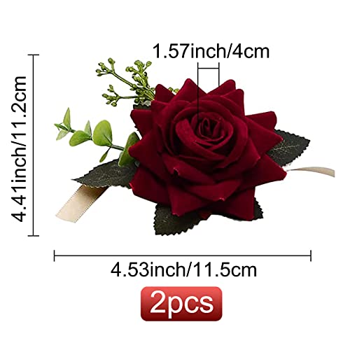 CRASPIRE 2PCS Wedding Wrist Flower Wine Red Artificial Floral Wrist Corsage Bridal Rose Leaf Silk Ribbon Hand Flowers for Bride and Bridesmaid Festival Prom Engagement - Image 2