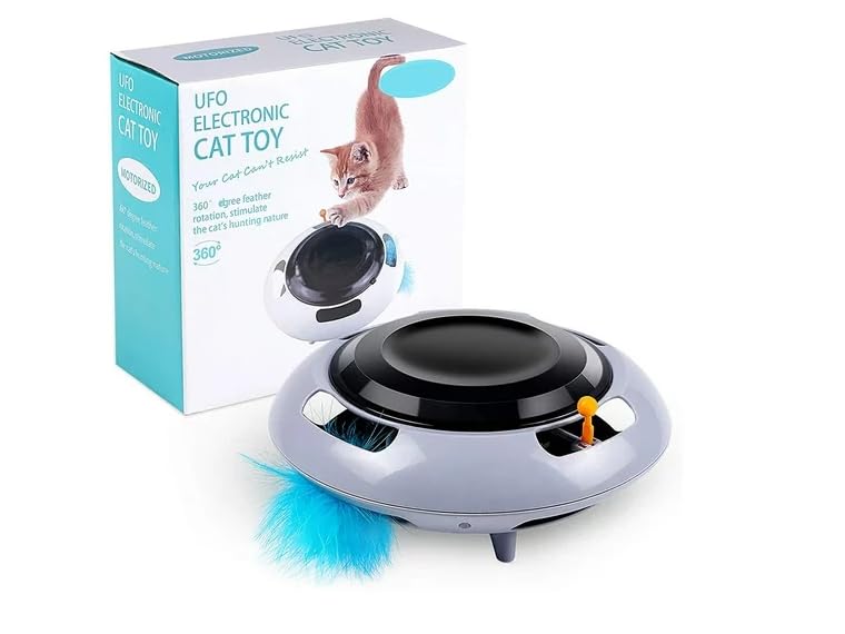 Genérico Juguete Interactivo Giratorio para Gatos, Juguete ovni con Plumas sinteticas, Juguete de estimulacion para Gatos, 230mm x 230mm x 110mm