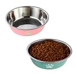 2 Pack Small Dog Bowls, 450ml Stainless Steel Dog Bowl with Non-slip Base, Durable Metal Dog Bowls for Small Pets and Cats, Lake Green & Pink