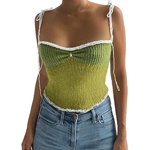 Women Halter Crochet Tops Sleeveless Knit Tank Tops Y2K Summer Crop Camisole Vest Top (A Patchwork Lake Green, L) Cover