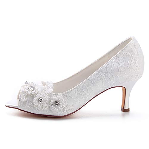 Emily Bridal Wedding Shoes Women's Silk Like Satin Stiletto Heel Closed Toe Pumps with Stitching Lace Flower Crystal2